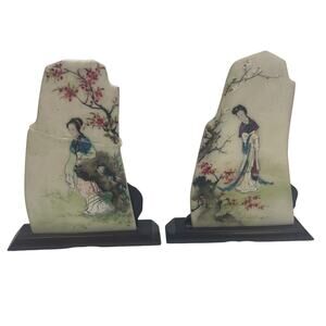 Set of 2 Vintage Soapstone Hand Painted Geisha Girls Cherry Blossom Art